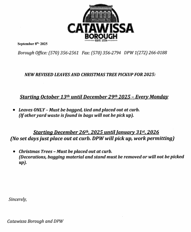 Leaf and Christmas Tree Pick up guidelines for 2025 | Catawissa Borough ...